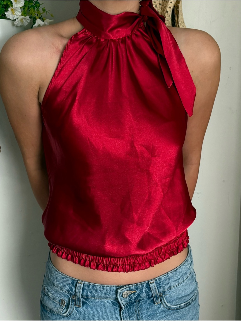 Source Unknown Red Satin Halter Tie Neck Camisole